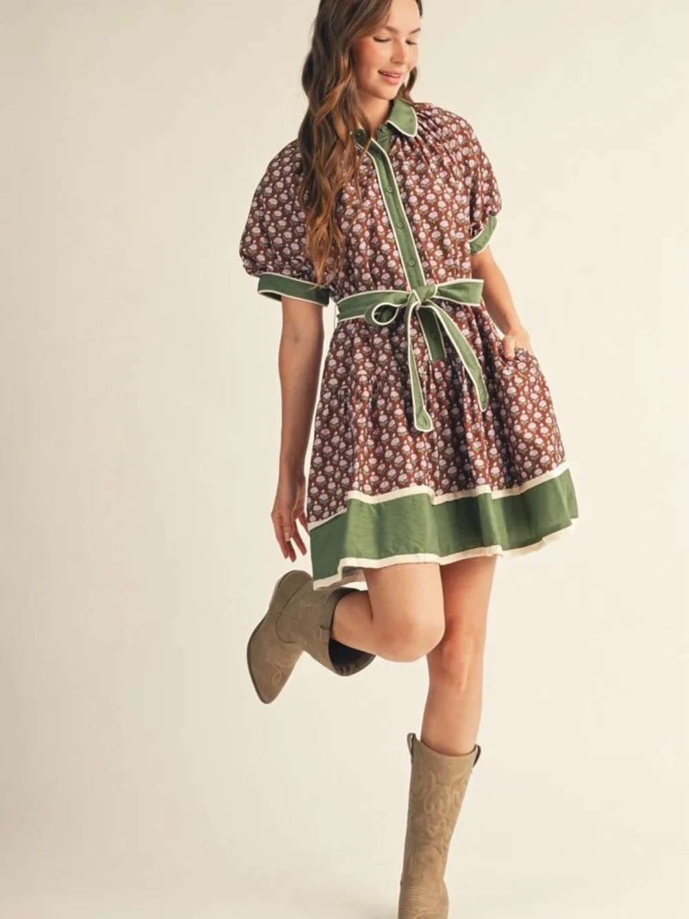 JODIFL Burgundy Floral Button-Front Dress with Green Trim